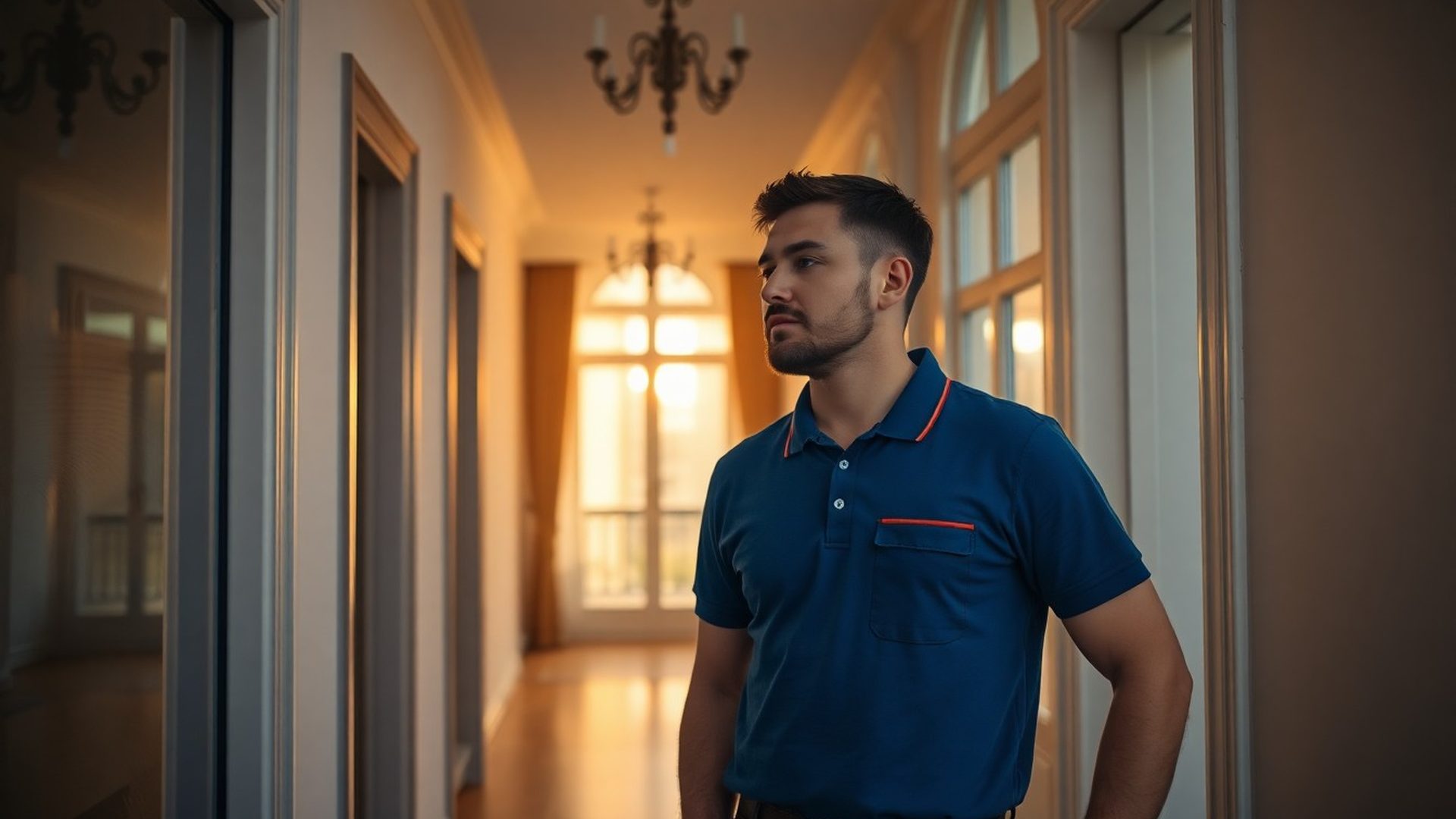 Řemeslník v modré firemní košili prohlíží chodbu moderního bytového domu v Hradci Králové